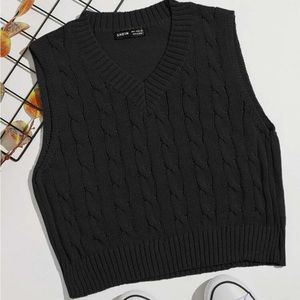 Black V neck cable knit sweater vest